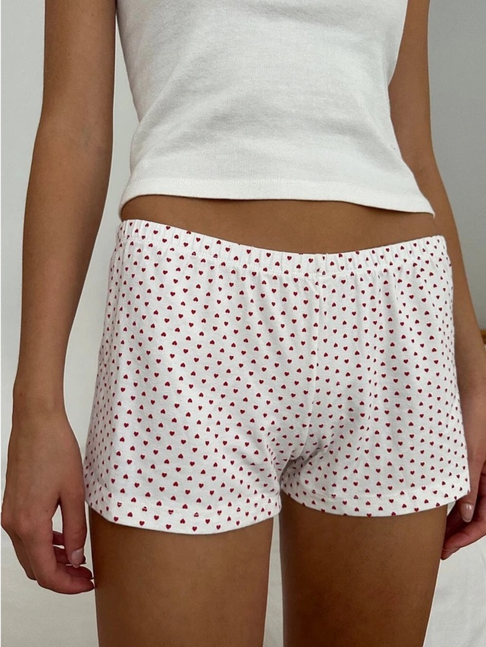 Brandy Melville White Heart-Print Cotton Lounge Shorts with Red Hearts